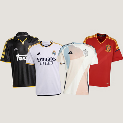 Pack Aficionado 4 Camisetas – Real Madrid 25/26, Real Madrid Retro 1999, España Retro 2010, España 25/26 – Kauf 2 und Llévate 4 