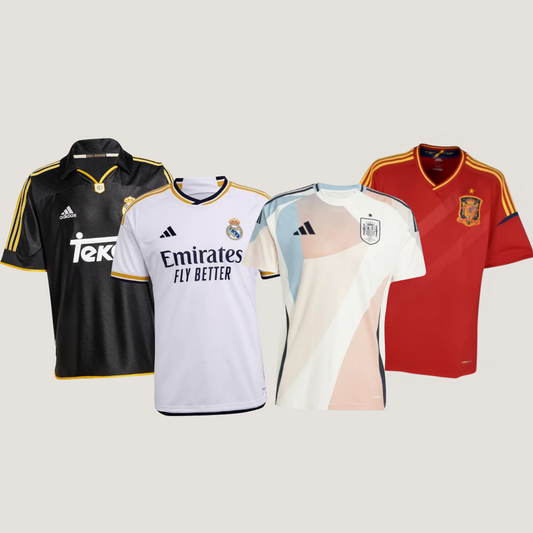 Pack Aficionado 4 Camisetas – Real Madrid 25/26, Real Madrid Retro 1999, España Retro 2010, España 25/26 - Compra 2 y Llévate 4