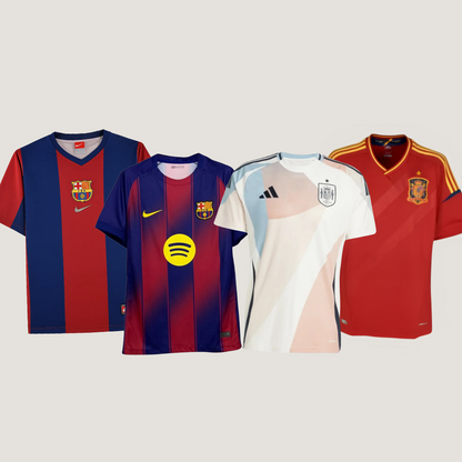 Pack Aficionado 4 Camisetas – Barcelona 25/26, Barcelona Retro 2001, España Retro 2010, España 25/26 – Kaufe 2 und Llévate 4 