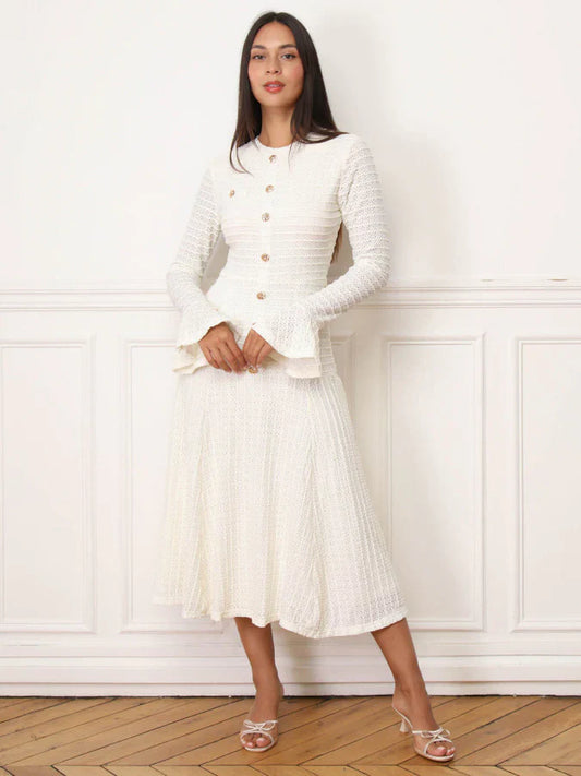 Robe évasée en maille ajourée et à boutons - Ecru